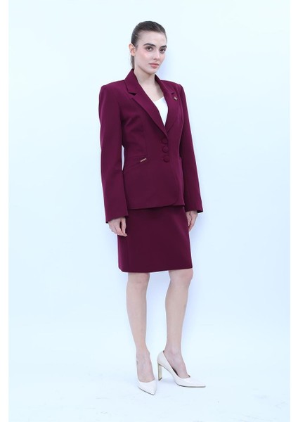 Erkek Yaka Boydan Kuplu Ceket & Yırtmaçlı Düz Dar Etek-Mürdüm indirimleri