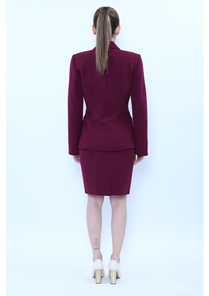 Erkek Yaka Boydan Kuplu Ceket & Yırtmaçlı Düz Dar Etek-Mürdüm