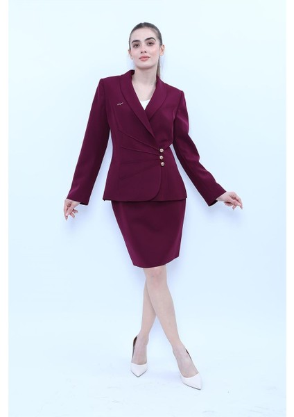 Şal Yaka Modelli Ceket & Yırtmaçlı Düz Dar Etek-Mürdüm