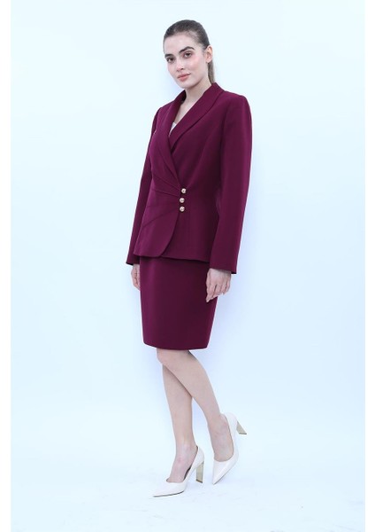 Şal Yaka Modelli Ceket & Yırtmaçlı Düz Dar Etek-Mürdüm fiyatları