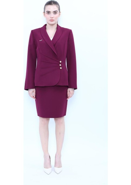 Şal Yaka Modelli Ceket & Yırtmaçlı Düz Dar Etek-Mürdüm fırsatları