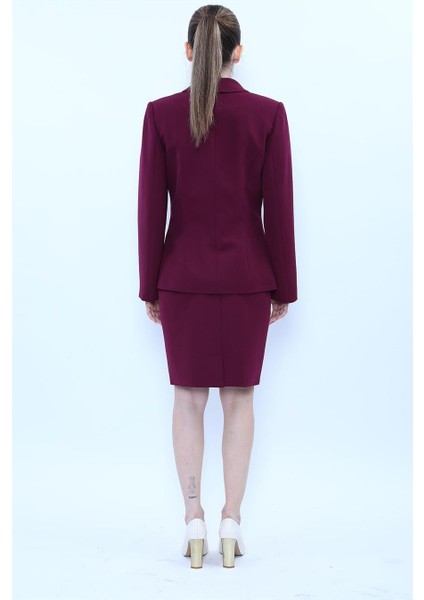 Şal Yaka Modelli Ceket & Yırtmaçlı Düz Dar Etek-Mürdüm