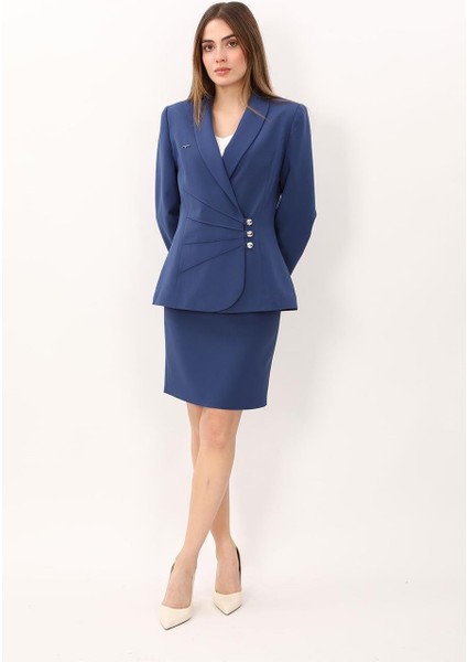 Şal Yaka Modelli Ceket & Yırtmaçlı Düz Dar Etek-Indigo