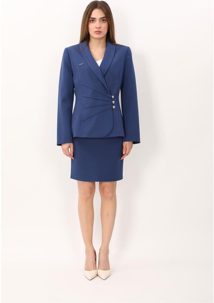 Şal Yaka Modelli Ceket & Yırtmaçlı Düz Dar Etek-Indigo modelleri