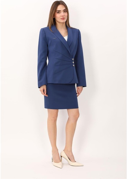 Şal Yaka Modelli Ceket & Yırtmaçlı Düz Dar Etek-Indigo indirimleri