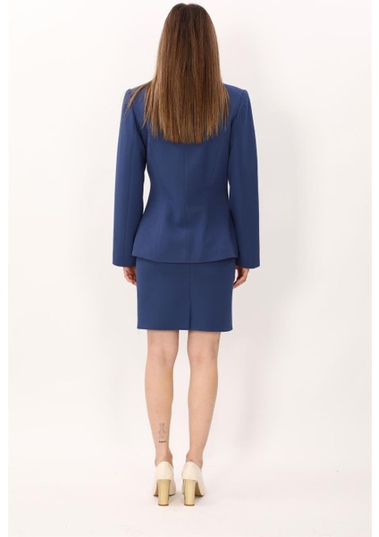 Şal Yaka Modelli Ceket & Yırtmaçlı Düz Dar Etek-Indigo