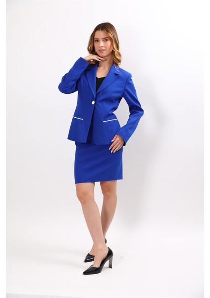 Erkek Yaka Konbinli Tek Düğme Ceket & Yırtmaçlı Düz Dar Etek-Saks