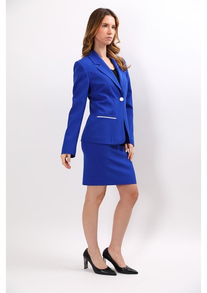 Erkek Yaka Konbinli Tek Düğme Ceket & Yırtmaçlı Düz Dar Etek-Saks modelleri