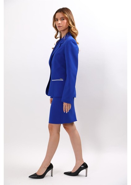 Erkek Yaka Konbinli Tek Düğme Ceket & Yırtmaçlı Düz Dar Etek-Saks indirimleri