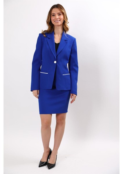 Erkek Yaka Konbinli Tek Düğme Ceket & Yırtmaçlı Düz Dar Etek-Saks