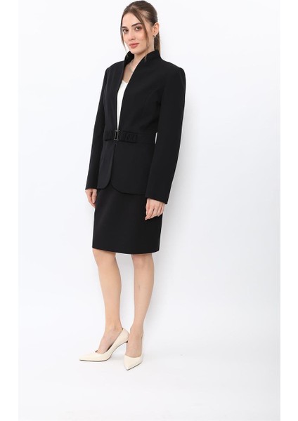 Dik Yaka Tokalı Ceket & Yırtmaçlı Düz Dar Etek-Siyah fiyatları
