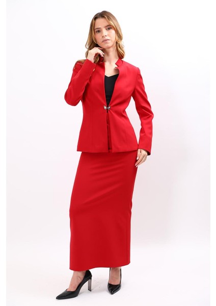 Hakim Yaka Tek Agraflı Düz Ceket & Uzun Düz Dar Etek-Kırmızı indirimleri