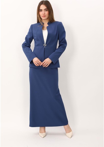 Hakim Yaka Tek Agraflı Düz Ceket & Uzun Düz Dar Etek-Indigo