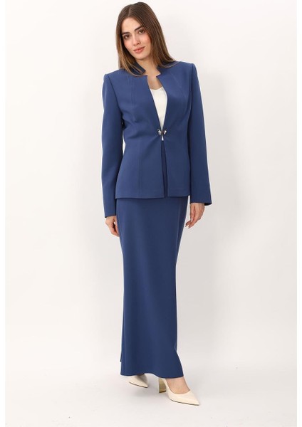 Hakim Yaka Tek Agraflı Düz Ceket & Uzun Düz Dar Etek-Indigo modelleri
