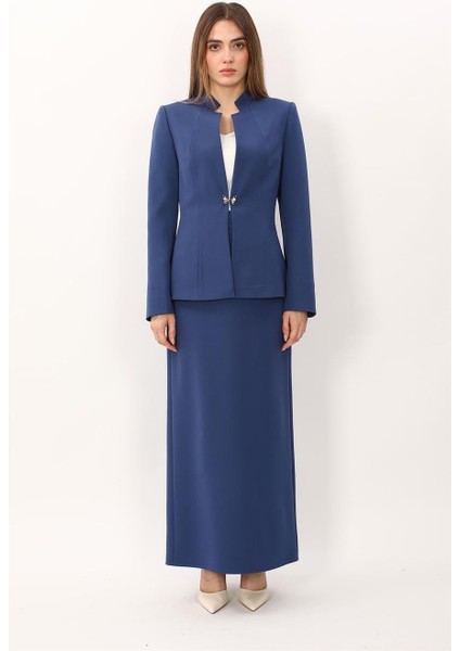 Hakim Yaka Tek Agraflı Düz Ceket & Uzun Düz Dar Etek-Indigo fırsatları