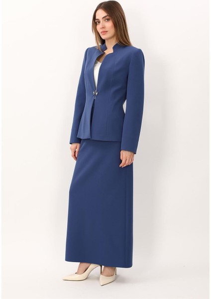 Hakim Yaka Tek Agraflı Düz Ceket & Uzun Düz Dar Etek-Indigo indirimleri