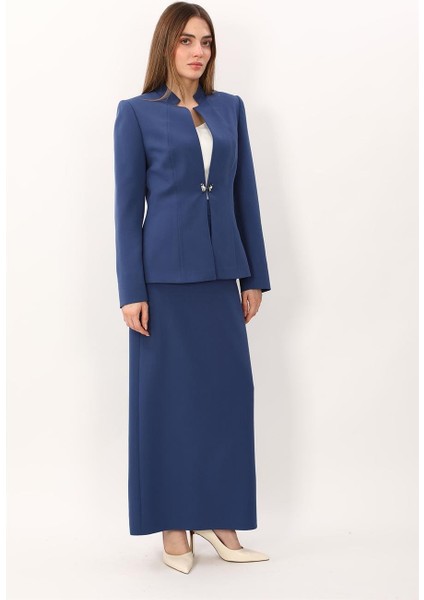 Hakim Yaka Tek Agraflı Düz Ceket & Uzun Düz Dar Etek-Indigo