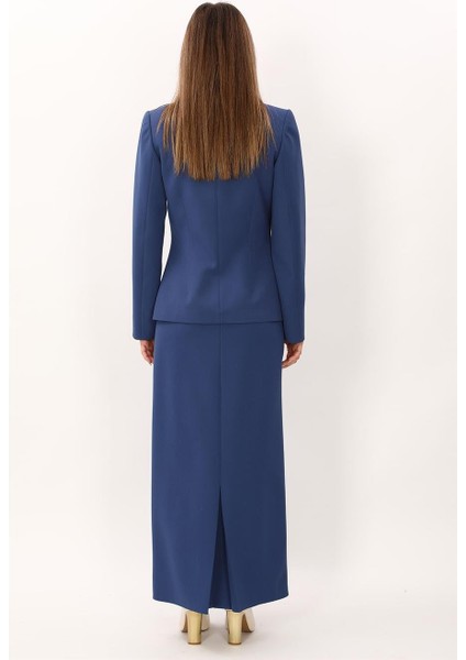 Hakim Yaka Tek Agraflı Düz Ceket & Uzun Düz Dar Etek-Indigo