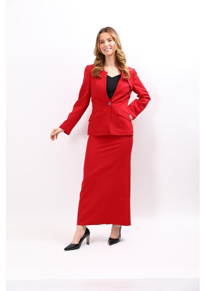 Sıfır Yaka Ön Robalı Ceket & Uzun Düz Dar Etek-Kırmızı fiyatları