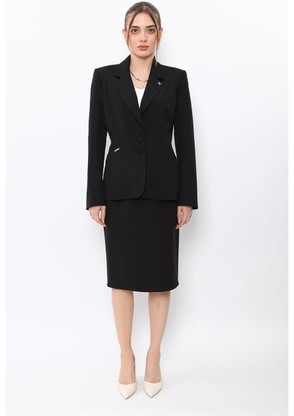 Erkek Yaka Boydan Kuplu Ceket & Düz Dar Etek-Siyah modelleri