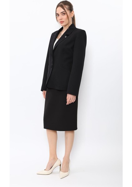 Erkek Yaka Boydan Kuplu Ceket & Düz Dar Etek-Siyah indirimleri