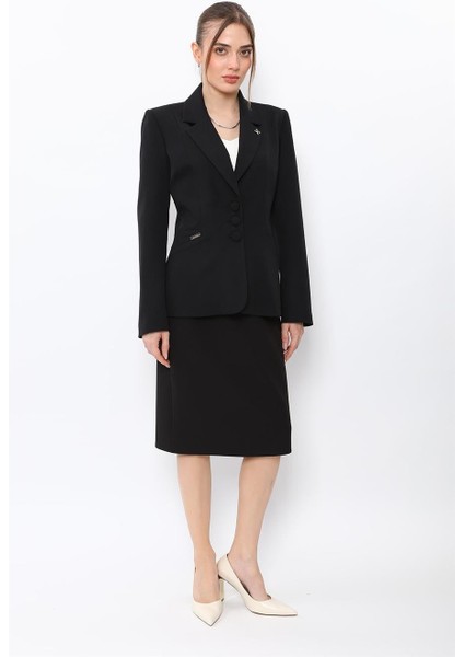 Erkek Yaka Boydan Kuplu Ceket & Düz Dar Etek-Siyah