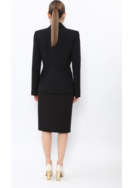 Erkek Yaka Boydan Kuplu Ceket & Düz Dar Etek-Siyah