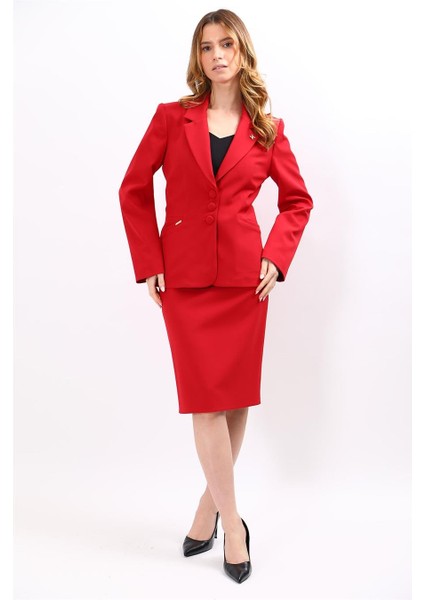 Erkek Yaka Boydan Kuplu Ceket & Düz Dar Etek-Kırmızı