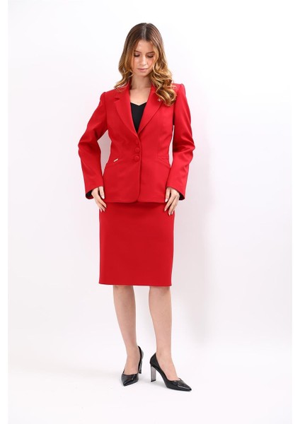 Erkek Yaka Boydan Kuplu Ceket & Düz Dar Etek-Kırmızı fiyatları
