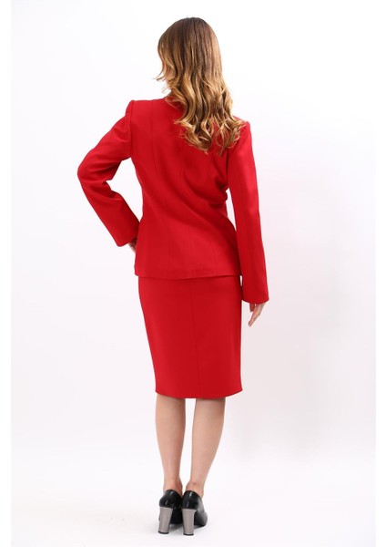 Erkek Yaka Boydan Kuplu Ceket & Düz Dar Etek-Kırmızı fırsatları