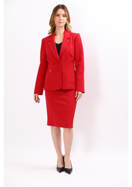 Erkek Yaka Boydan Kuplu Ceket & Düz Dar Etek-Kırmızı