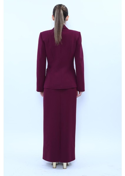 Erkek Yaka Boydan Kuplu Ceket & Uzun Düz Dar Etek-Mürdüm modelleri