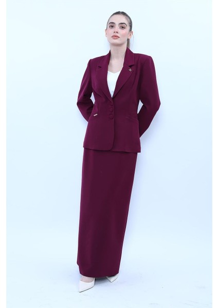 Erkek Yaka Boydan Kuplu Ceket & Uzun Düz Dar Etek-Mürdüm fırsatları