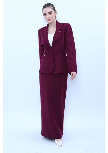 Erkek Yaka Boydan Kuplu Ceket & Uzun Düz Dar Etek-Mürdüm indirimleri