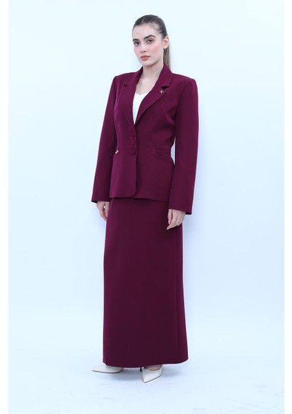 Erkek Yaka Boydan Kuplu Ceket & Uzun Düz Dar Etek-Mürdüm