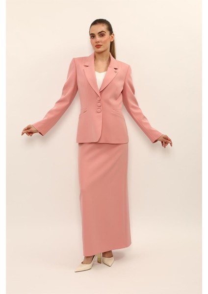 Erkek Yaka Boydan Kuplu Ceket & Uzun Düz Dar Etek-Pudra