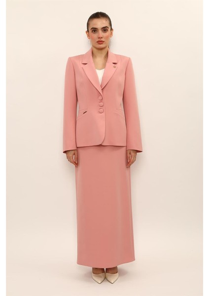 Erkek Yaka Boydan Kuplu Ceket & Uzun Düz Dar Etek-Pudra modelleri