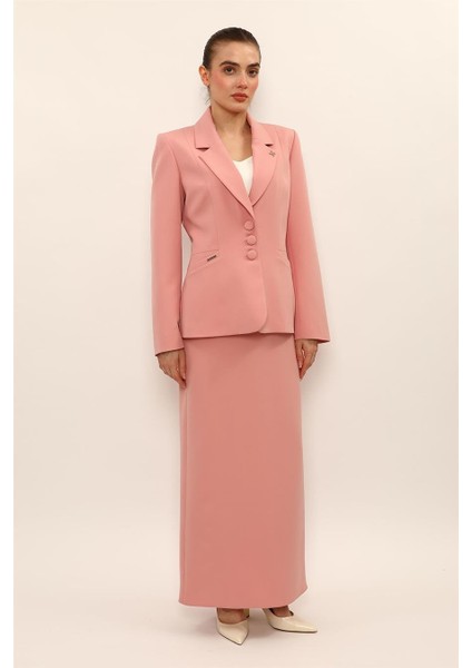 Erkek Yaka Boydan Kuplu Ceket & Uzun Düz Dar Etek-Pudra fırsatları