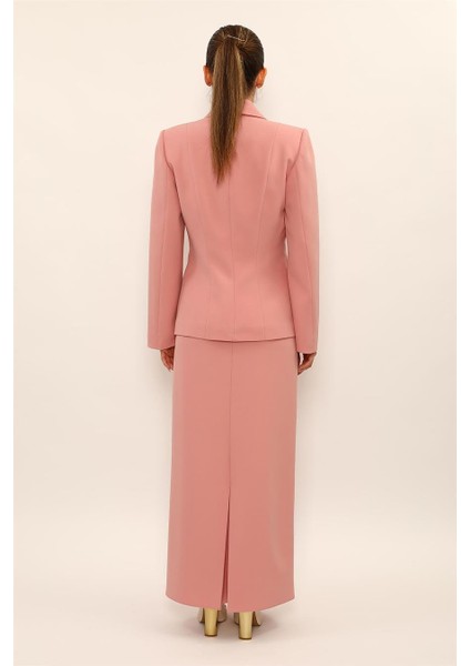 Erkek Yaka Boydan Kuplu Ceket & Uzun Düz Dar Etek-Pudra indirimleri