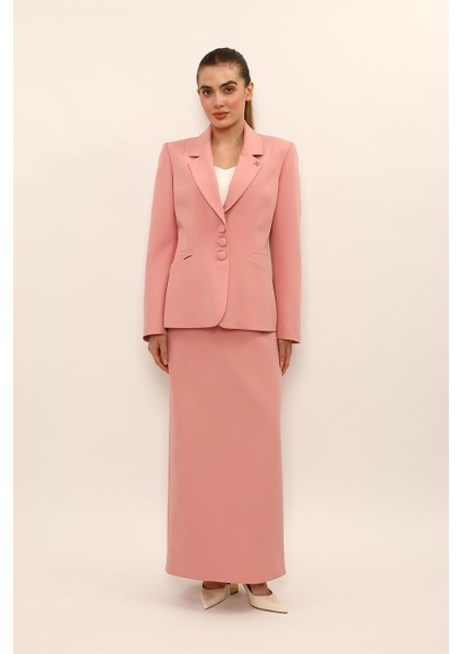 Erkek Yaka Boydan Kuplu Ceket & Uzun Düz Dar Etek-Pudra