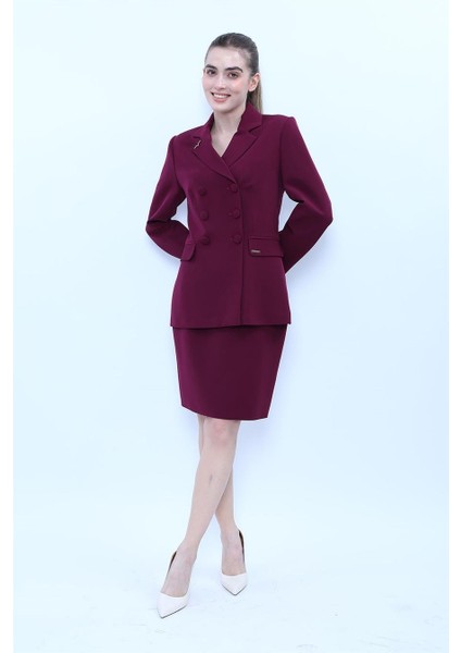 Erkek Yaka Blazer Ceket & Yırtmaçlı Düz Dar Etek-Mürdüm