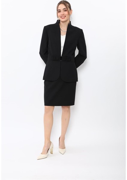 Dik Yaka Tokalı Ceket & Yırtmaçlı Düz Dar Etek-Siyah indirimleri