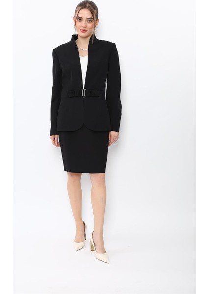 Dik Yaka Tokalı Ceket & Yırtmaçlı Düz Dar Etek-Siyah
