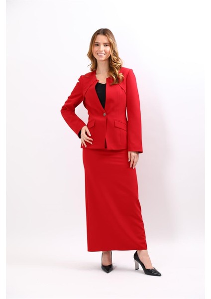 Sıfır Yaka Ön Robalı Ceket & Uzun Düz Dar Etek-Kırmızı indirimleri