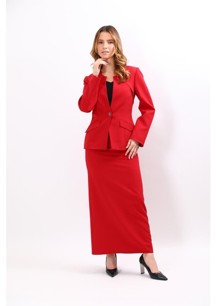 Sıfır Yaka Ön Robalı Ceket & Uzun Düz Dar Etek-Kırmızı