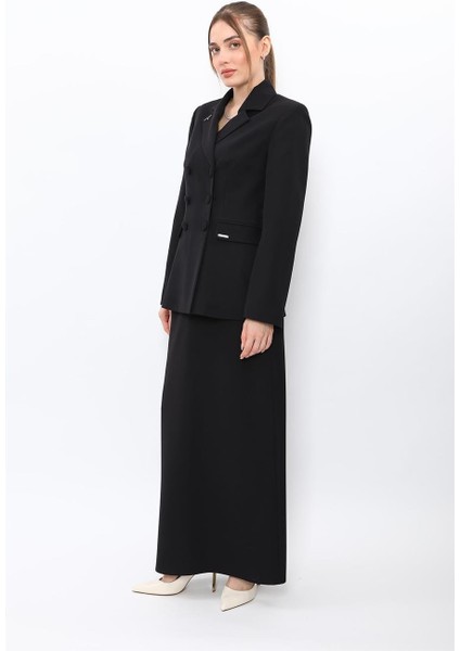 Erkek Yaka Blazer Ceket & Uzun Düz Dar Etek-Siyah fiyatları