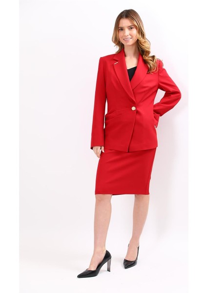 Erkek Yaka Asimetrik Ceket & Düz Dar Etek-Kırmızı