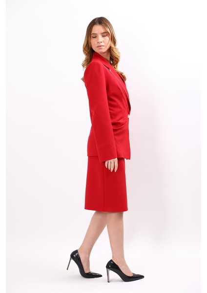 Erkek Yaka Asimetrik Ceket & Düz Dar Etek-Kırmızı indirimleri