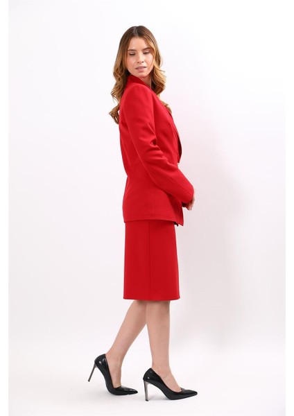 Erkek Yaka Asimetrik Ceket & Düz Dar Etek-Kırmızı