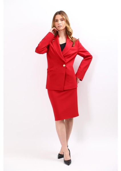 Erkek Yaka Asimetrik Ceket & Düz Dar Etek-Kırmızı